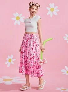 HELLO KITTY AND FRIENDS | SHEIN Women Cute Cartoon Print Ruffle Hem Pink Long Skirt For Spring And Summer - Pink - View 7