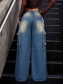SHEIN ICON Women's Vintage Style Raw Hem Wide Leg Jeans With Utility Pockets - Blue - View 2