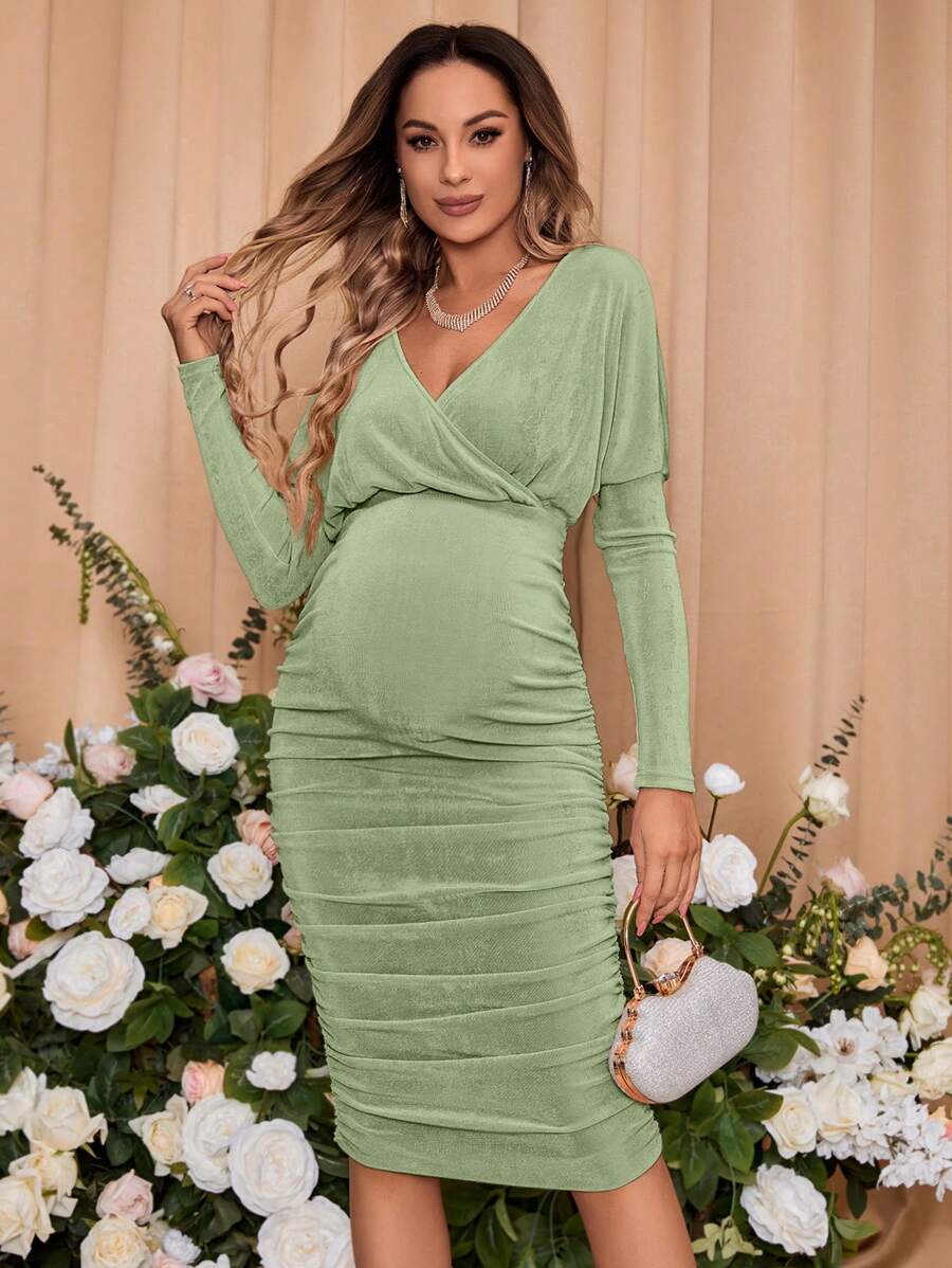 SHEIN 孕婦v領純色長袖洋裝 - 薄荷綠 - 查看 1