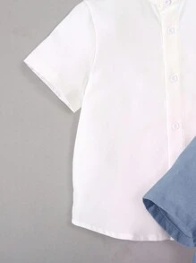 SHEIN 2 Piezas Camisa Informal De Patrón De Dinosaurio Para Niños, Cómoda, Elegante, Sencilla, Combina Con Todo, Cuello Alto - Azul y blanco - Ver 6