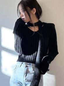 DAZY 女式长袖罗纹毛衣秋季 - 黑色 - 查看 3
