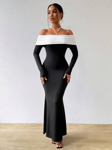 Zolique Vestido largo de mujer con bloques de color y hombros descubiertos - Blanco y Negro - Ver 4