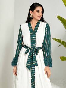 Modelyn Women's Contrast Color Foil Printed Patchwork Dress With Fringed Cuff - Dark Green - View 5