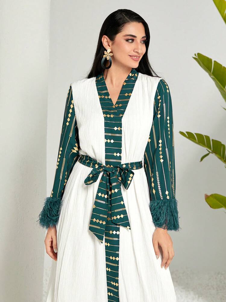 Women's Contrast Color Foil Printed Patchwork Dress With Fringed Cuff