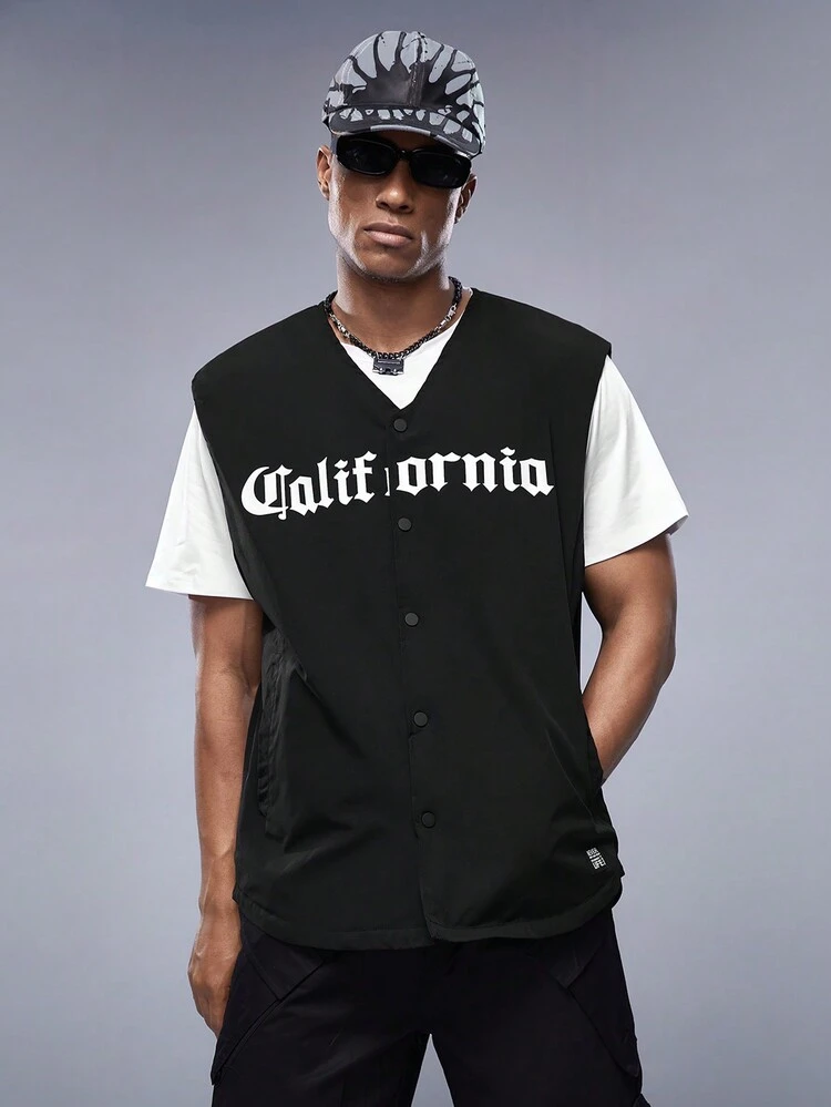 Loose Letter Print Graphic Patch Detail Winter Vest For Men