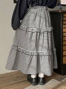 FRIFUL 女士格子荷叶边半身裙 - 黑與白 - 查看 10