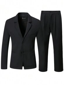 Manfinity Mode Men's Solid Color Band Collar Suit Jacket And Pants Set - Black - View 4