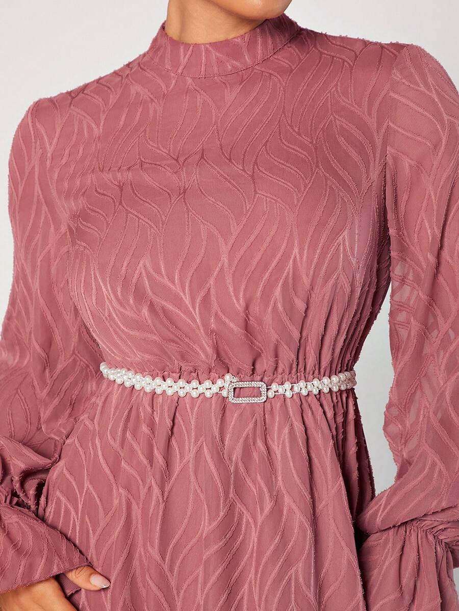 Modelyn Women's Stand Collar Ruffle Long Sleeve Arabic Style Dress Modest Dress Long Evening Dresses - Pink - View 1