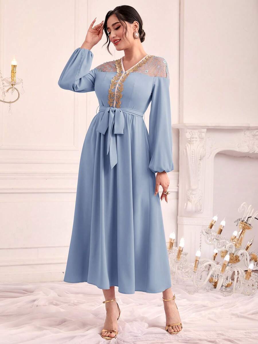 Modelyn Women's Patchwork Lace Floral Decoration Lantern Sleeve Arabian Dress - Blue - View 1