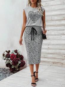 SHEIN LUNE Ladies' Leopard Print Heart Pattern Bell Sleeve Top And Skirt Set