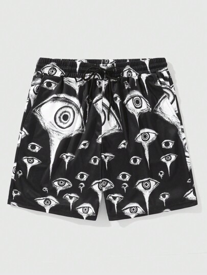 Men's Dark Gothic Print Shorts, Suitable For Spring/Summer Opiumcore Style, Halloween
