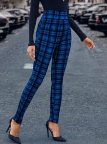 SHEIN Essnce 女士格紋高腰緊身褲 - 寶藍色 - 查看 4