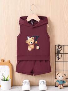 Đứa bé trai Nhỏ bé Gấu In thư áo có mũ Áo Bộ quần short - Đỏ - Xem 1