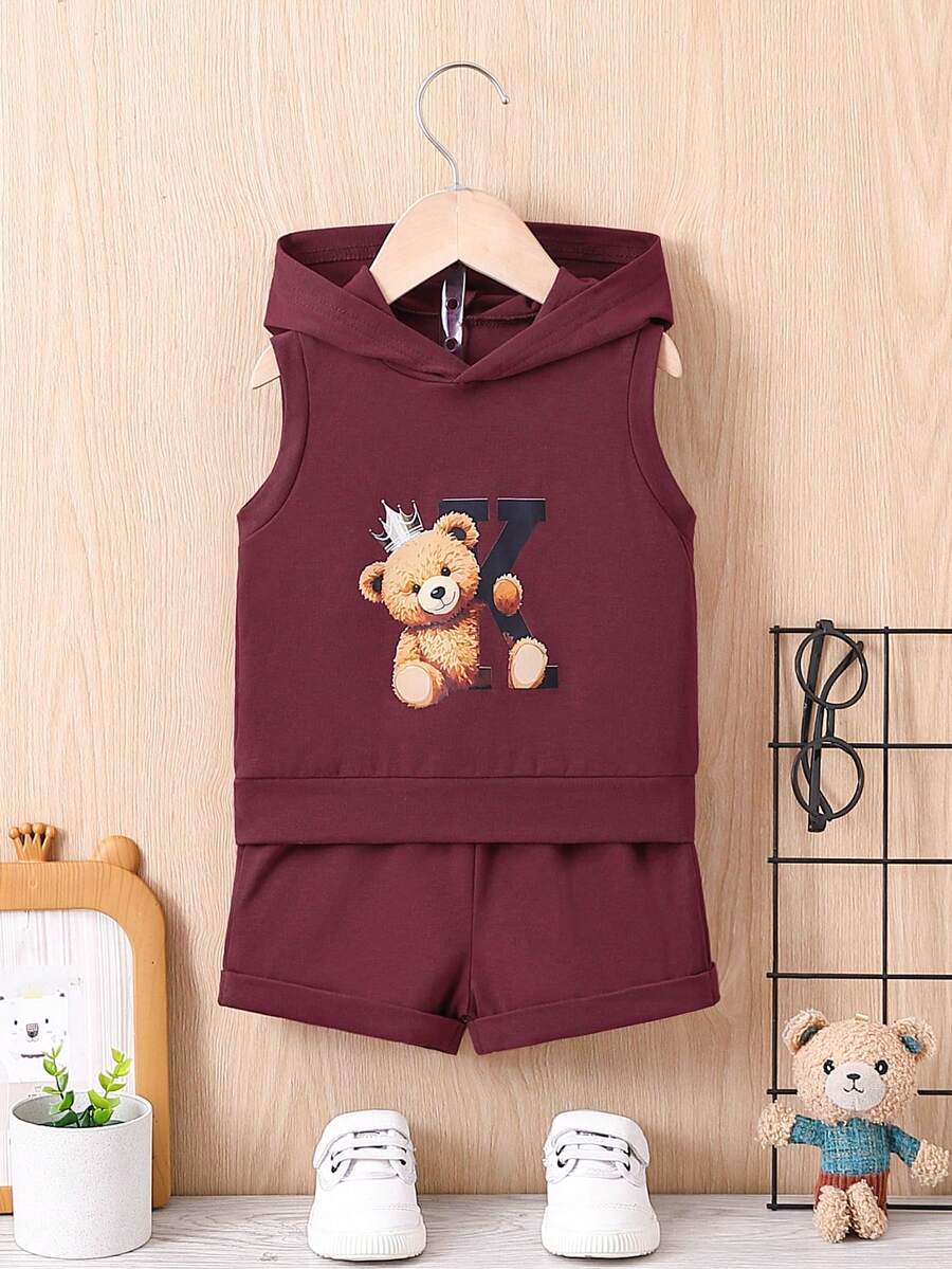 Đứa bé trai Nhỏ bé Gấu In thư áo có mũ Áo Bộ quần short - Đỏ - Xem 1