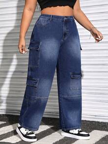 SHEIN EZwear Kích thước lớn Của phụ nữ Lỏng lẻo phù hợp Nhiều túi Denim Quần chân thẳng - Rửa trung bình - Xem 5