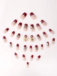 30pcs Burgundy French Manicure Artificial Nails With Gradient Glitter Crystals Rhinestone Coffin Shaped Short False Nails, 1 Base Nail File, 1 Pc Nail Gel Press On Nails