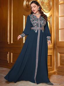 Plus Size Elegancka haftowana naszywka z kwiatowym wzorem Splice Skromna sukienka z długim rękawem, kaftan - Niebieski - Zobacz 6