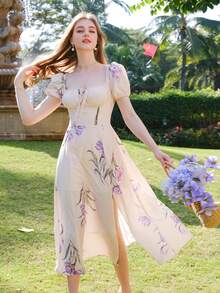 Women's Floral Print Puff Sleeve Split Dress, Square Neck, For Summer Vacation - Beige - View 6