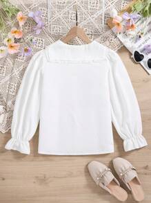 Tween Girl Embroidery Statement Collar Flounce Sleeve Shirt - White - View 2
