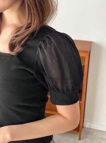 FRIFUL Của phụ nữ Lưới Ngắn tay Hình vuông Đường viền cổ áo Áo thun Với nút Chỉnh trang - màu đen - Xem 7