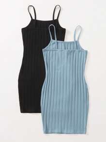 SHEIN Conjunto de vestido de punto acanalado casual de 2 piezas para niña preadolescente en unicolor - Multicolor - Ver 2