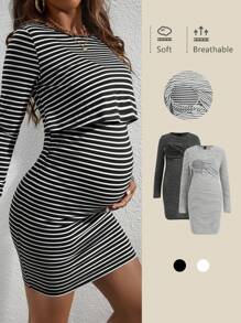 SHEIN Vestido A Rayas Para Lactancia De Manga Larga Para Maternidad - Blanco y Negro - Ver 1