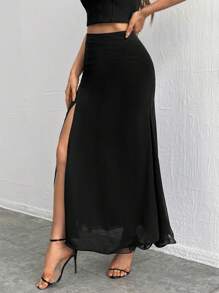 SHEIN Privé Elegante falda de doble capa con abertura alta en unicolor - Negro - Ver 6