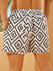 Manfinity Swimmode Men's Graphic Print Beach Shorts Drawstring Waist Pool Shorts, For Beach, Vacation - Black and White - View 2