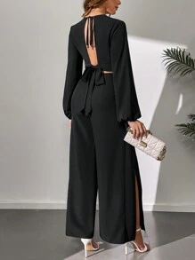 SHEIN Tall Solid Color V-Neck Lantern Sleeve Top And Split Wide Leg Pants, Tall Women - Black - View 2