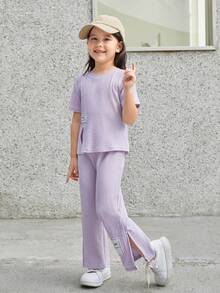 SHEIN 女童休閒舒適寬鬆貼標合體t恤+長褲兩件套 - 紫色 - 查看 3