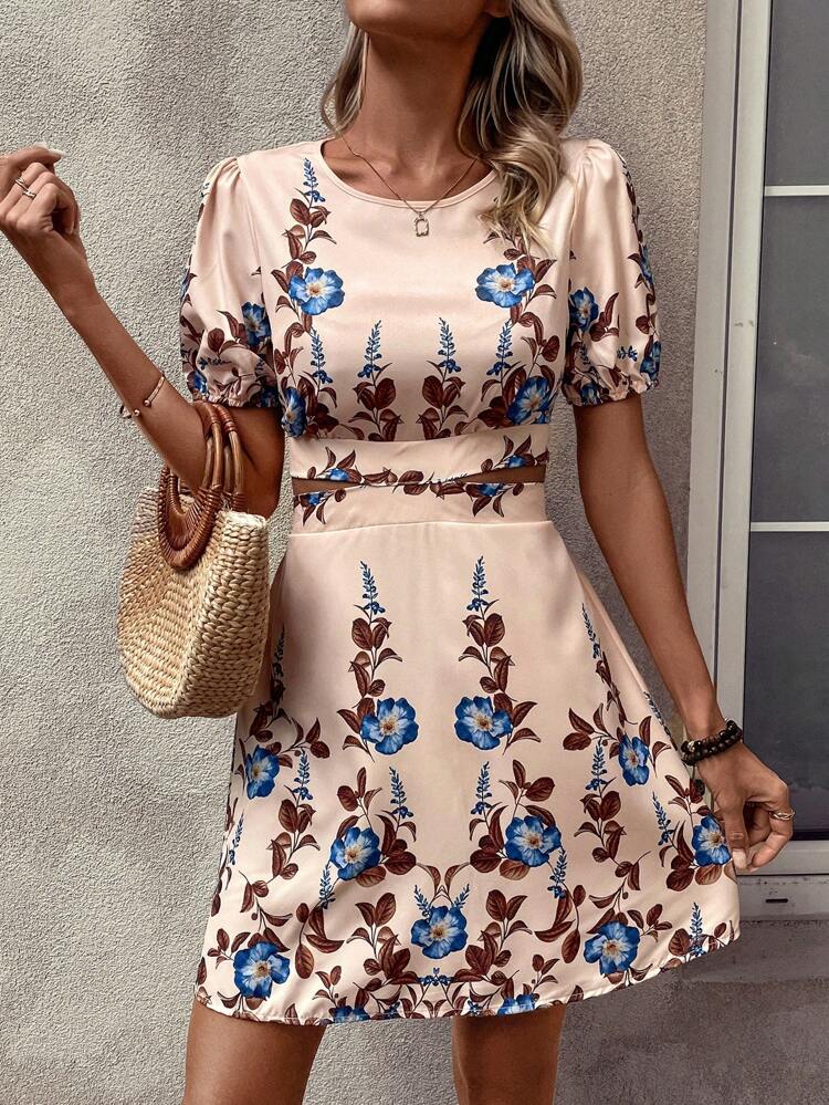 Women's Floral Print Short Sleeve Cut-Out Waist A-Line Dress