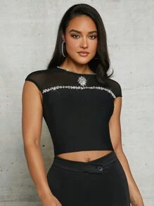 SHEIN BAE 黑色鑲嵌鑽石鏈透視網格裹身半袖緊身拉鍊上衣 - 黑色 - 查看 6