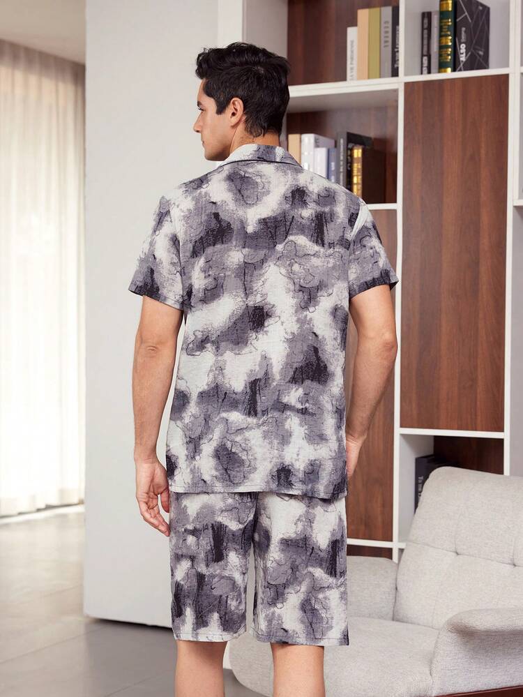 Men's Grey Tie Dye Regular Sleeve Pajama Set With Collar And Pocket Comfortable Non Stretch Fabric Loungewear