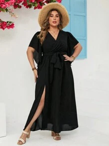 SHEIN VCAY 大尺碼夏季假日實色交叉前裙開叉沙灘裝 - 黑色 - 查看 3