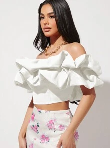 L'Amorae Top Con Dobladillo Con Volantes Exagerados Y Hombros Descubiertos De Color Liso - Blanco - Ver 4