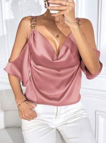 SHEIN Privé Off-shoulder Của phụ nữ Áo sơ mi Với Áo cổ bò - Bụi hồng - Xem 3