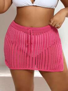 SHEIN Swim Curve 大码抽绳腰镂空针织罩衫裙夏季 - 玫紅色 - 查看 4