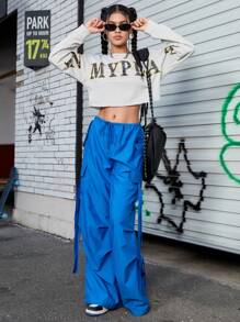 SHEIN Street Sport 字母印花落肩运动卫衣 - 淺灰色 - 查看 5