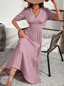 SHEIN Clasi Solid Color Textured Empire Waist Dress With Ruffle Hem - Dusty Pink - View 6