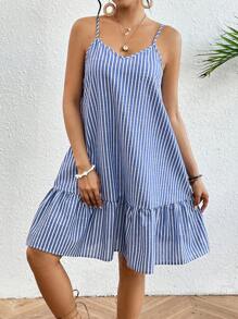 Breezaya 女士條紋荷葉邊背心連衣裙 - 藍色 - 查看 3