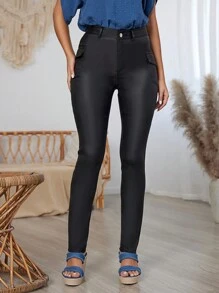 SHEIN LUNE Women's Fashionable Casual Solid Color Slim Fit Cargo Pants Fall Cloth For Women - Black - View 3