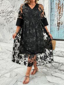 SHEIN Clasi 大尺碼女用刺繡網布兩件套 - 黑色 - 查看 1