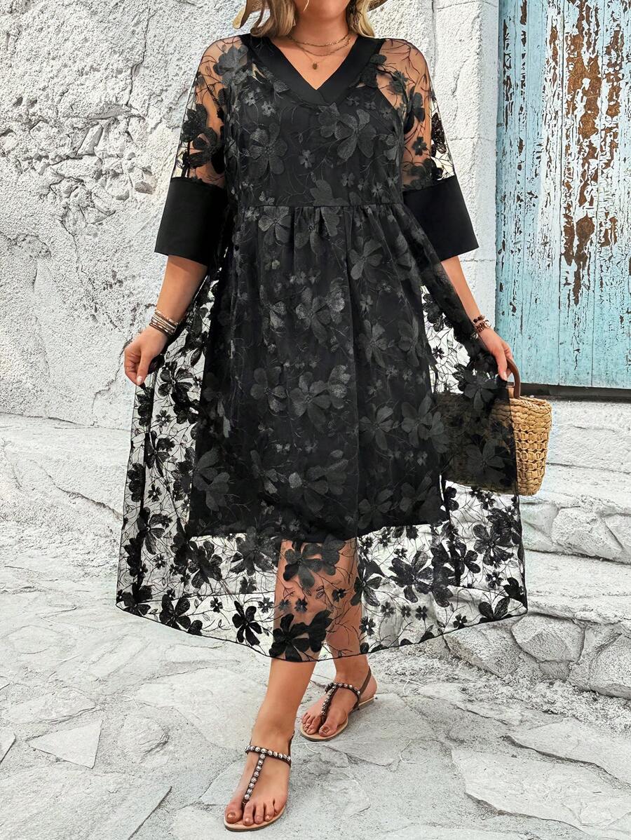 SHEIN Clasi 大尺碼女用刺繡網布兩件套 - 黑色 - 查看 1