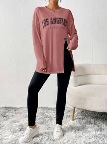 SHEIN Essnce Của phụ nữ In thư Viền chia cắt Áo thun Và Chặt Quần Hai chiếc Bộ - Bụi hồng - Xem 4