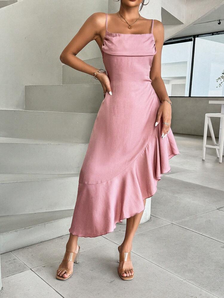 Solid Color Asymmetrical Ruffled Hem Cami Dress