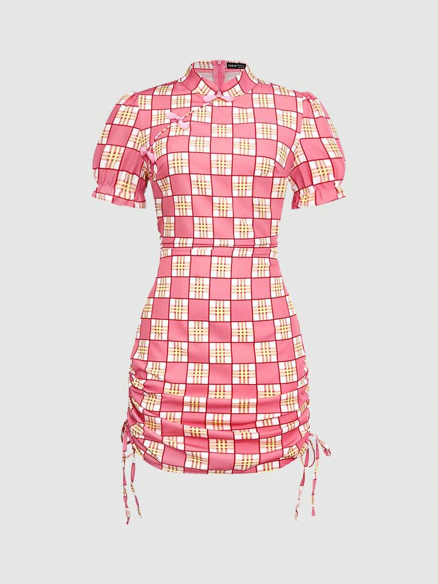 SHEIN Unity 旗袍扣緊短袖束繩細節連衣裙 - 彩色 - 查看 1