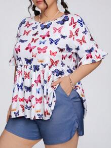 SHEIN Qutie Butterfly Printed Plus Size Flare Sleeve Top And Denim Effect Elastic Waist Shorts 2pcs/Set - Multicolor - View 2