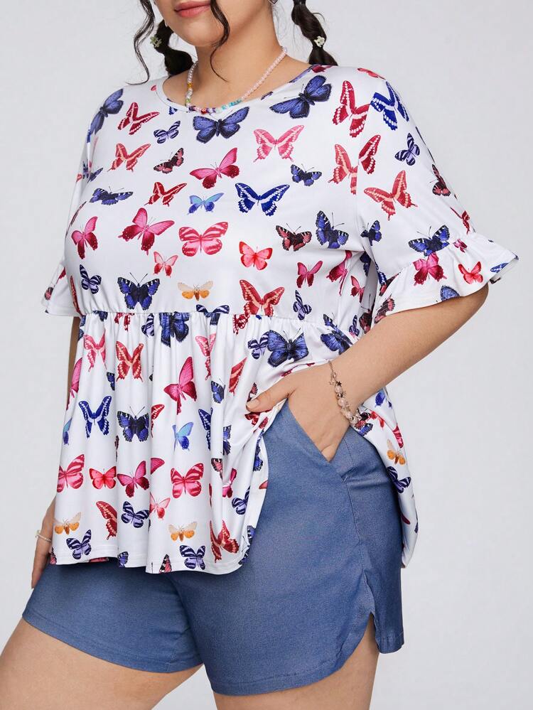 Butterfly Printed Plus Size Flare Sleeve Top And Denim Effect Elastic Waist Shorts 2pcs/Set