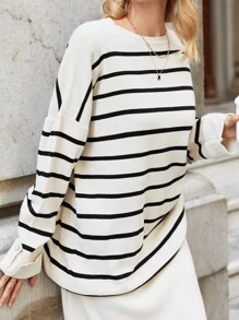 SHEIN Cottnline Striped Pattern Drop Shoulder Sweater & Knit Skirt - Black and White - View 2