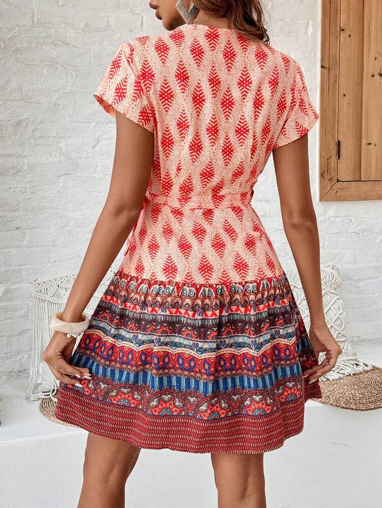 Women's Geometric Printed Wrap Tie Waist Dress